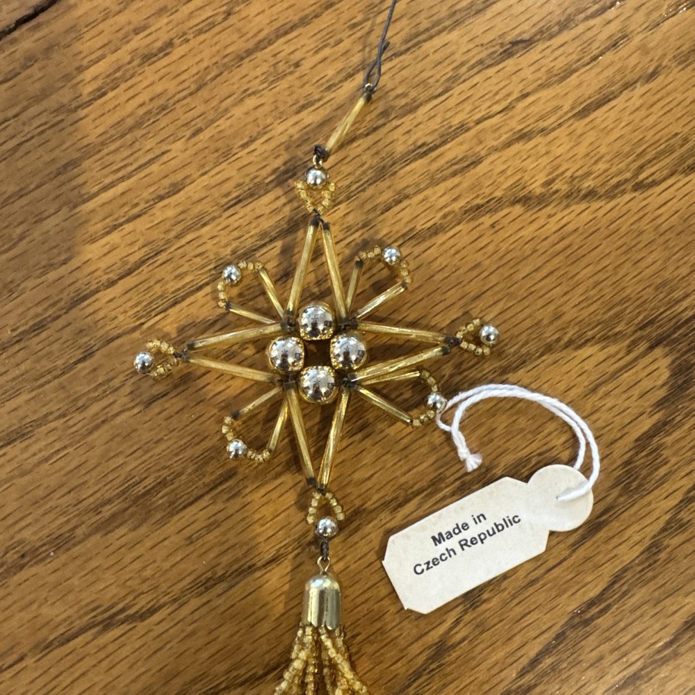 Vintage Czech Republic Beaded Christmas Dangle Ornament Glass Gold Tones